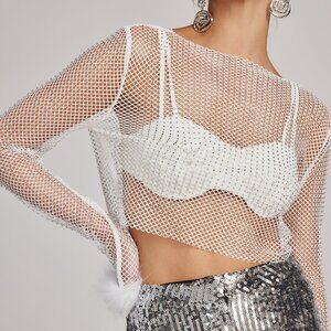 12th Tribe Martini White Rhinestone Mesh Top Size SS